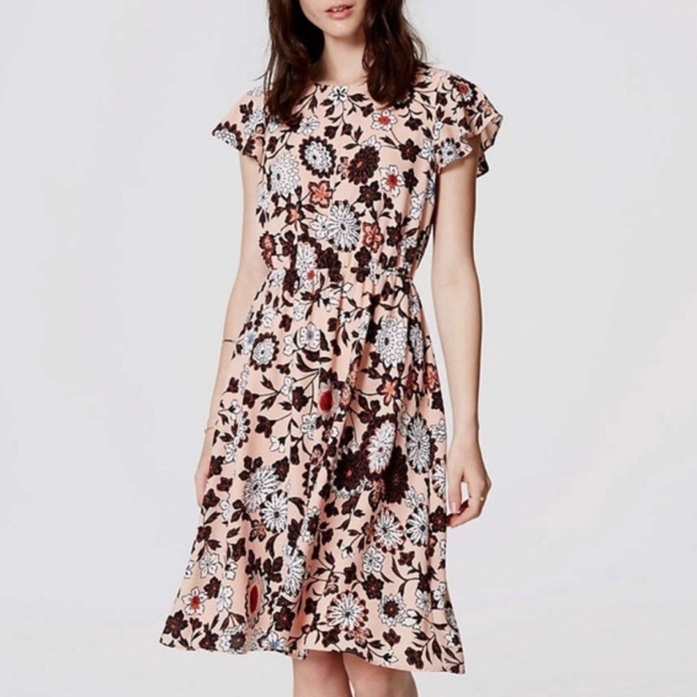 LOFT Floral Flutter Sleeve Midi Tea Length Dress Pink Church Retro Modest Small